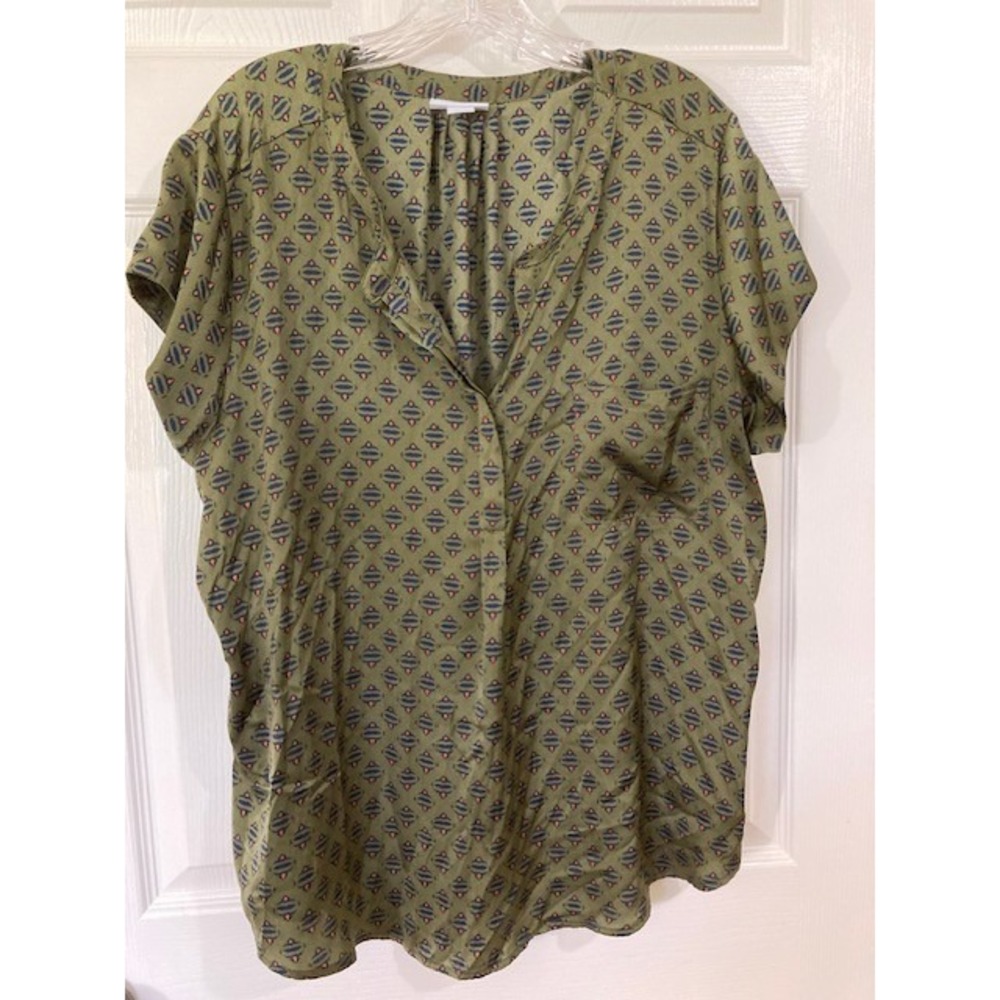 Liz Claiborne Womens Geometric Print Olive Blouse Olive XXL Casual Business